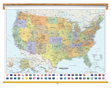 Classic USA Wall Map <br/>with Flags Classroom Pull Down